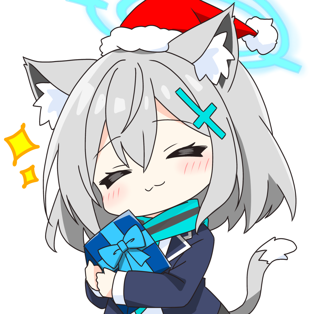 kotatsu-mazoku, shiroko (blue archive), blue archive, commentary request, 1girl, :3, animal ear fluff, animal ears, blue halo, blue jacket, blue scarf, blush, box, cat ears, cat girl, cat tail, chibi, chibi only, christmas, closed eyes, closed mouth, cross hair ornament, double-parted bangs, fur-trimmed headwear, fur trim, gift, gift box, grey hair, hair between eyes, hair ornament, halo, hat, holding, holding gift, jacket, kemonomimi mode, long sleeves, red hat, santa hat, scarf, short hair, simple background, solo, sparkle, tail, upper body, white background