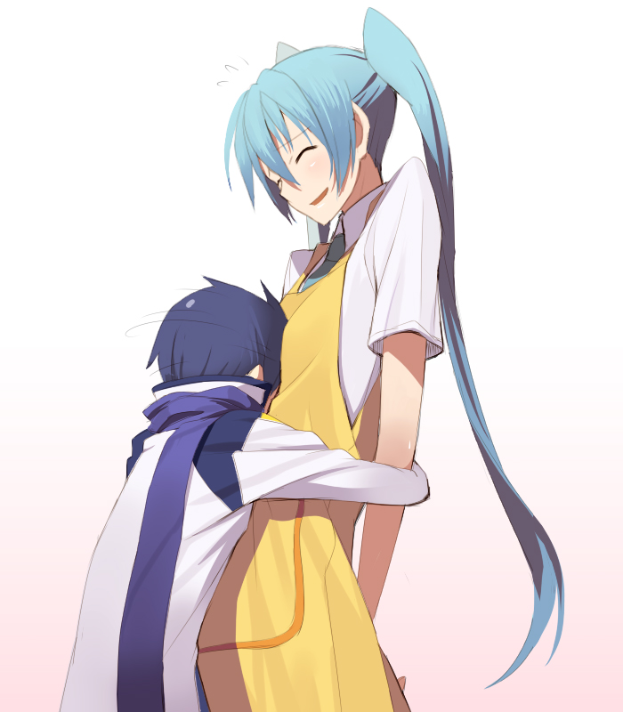 hipoguri, kasuga ayumu (artist), kasuga ayumu (haruhipo), hatsune miku, kaito (vocaloid), vocaloid, 1boy, 1girl, age difference, aqua hair, blue hair, blue scarf, blush, height difference, hug, long hair, necktie, onee-shota, scarf, simple background, size difference, smile, twintails