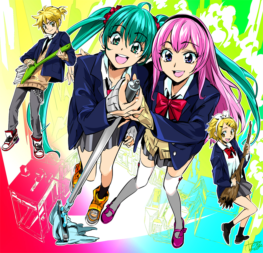 popqn, hatsune miku, kagamine len, kagamine rin, megurine luka, vocaloid, bad id, bad pixiv id, 1boy, 3girls, ahoge, aqua eyes, aqua hair, blazer, blonde hair, blue eyes, bow, broom, hair ornament, hair ribbon, hairband, hairclip, jacket, legs, mop, multiple girls, open mouth, pink hair, ribbon, school uniform, shoes, skirt, smile, sneakers, sweater vest, thighhighs, twintails, yellow eyes, zettai ryouiki