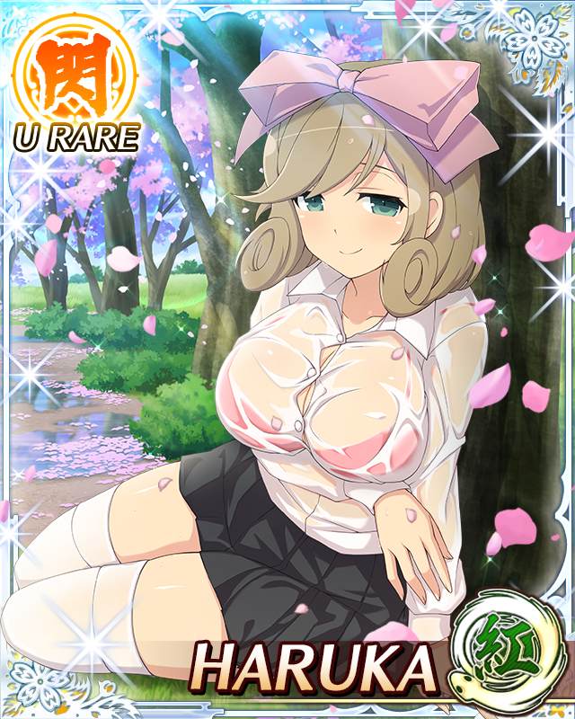 haruka (senran kagura), senran kagura, senran kagura new wave, game cg, official art, third-party source, 1girl, after rain, arm under breasts, black skirt, border, bow, bra, breasts, brown hair, button gap, card (medium), character name, cherry blossoms, cleavage, closed mouth, curled ends, day, falling petals, green eyes, hair bow, large breasts, looking at viewer, medium hair, outdoors, petals, pink bow, pink bra, pink petals, pleated skirt, puddle, seductive smile, see-through clothes, see-through shirt, shirt, skindentation, skirt, smile, solo, swept bangs, thighhighs, underwear, wet, wet clothes, wet thighhighs, white shirt, white thighhighs