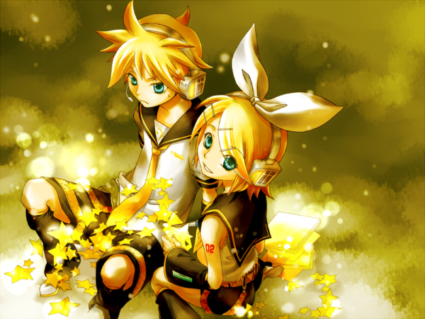 toyu, kagamine len, kagamine rin, vocaloid, 1boy, 1girl, aqua eyes, blonde hair, brother and sister, hair ornament, hair ribbon, hairclip, headphones, ribbon, short hair, shorts, siblings, sitting, smile, star (symbol), sweat, twins, yellow theme