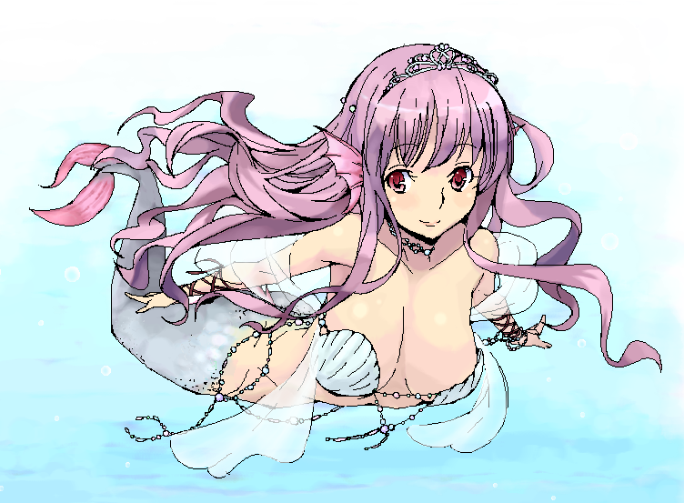 amami amayu, monster collection, 1girl, arm ribbon, bikini, breasts, bubble, cleavage, crown, female focus, fins, head fins, jewelry, large breasts, long hair, looking at viewer, mermaid, monster girl, necklace, pink hair, red eyes, ribbon, seashell, shell, shell bikini, smile, solo, swimming, tiara, underwater