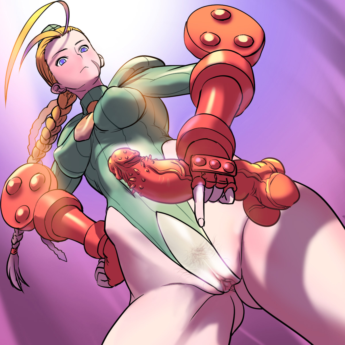 cosine, cammy white, capcom, street fighter, bad id, bad pixiv id, highres, 1girl, antenna hair, blonde hair, blue eyes, braid, cameltoe, censored, crotchless, dildo, female focus, female pubic hair, from below, garrison cap, gauntlets, green leotard, hand on own hip, hat, highleg, highleg leotard, hip focus, leotard, long hair, pointing, pubic hair, pussy, scar, see-through clothes, sex toy, solo, spread pussy, standing