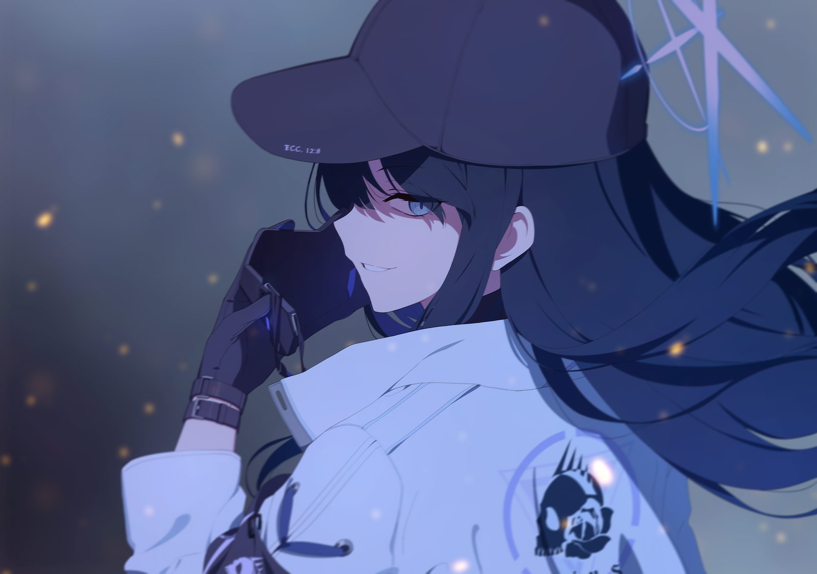 saori (blue archive), blue archive, artist request, game cg, highres, non-web source, official art, 1girl, baseball cap, black hair, black hat, blue eyes, blue halo, from behind, halo, hat, holding, holding mask, jacket, long hair, looking at viewer, mask, mouth mask, parted lips, shaded face, smile, solo, white jacket