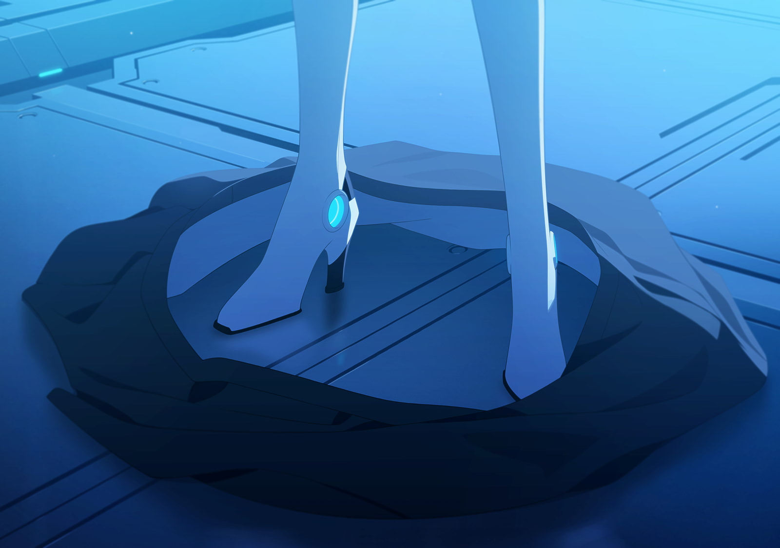 toki (blue archive), blue archive, artist request, game cg, highres, non-web source, official art, 1girl, boots, high heel boots, high heels, skirt, solo, undressing, unworn skirt, white boots