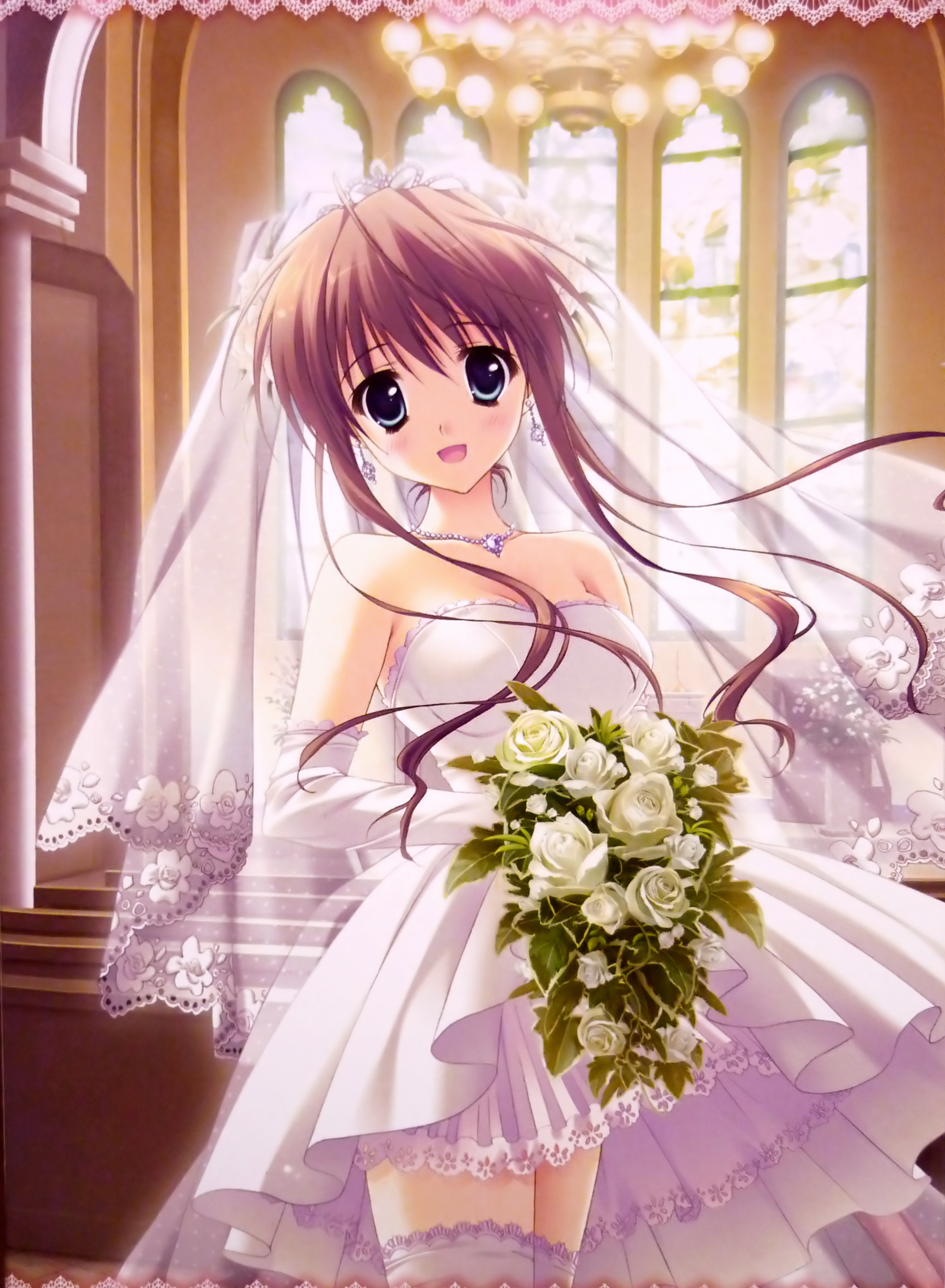 ryouka (suzuya), nagase minato, akane-iro ni somaru saka, absurdres, highres, bouquet, dress, earrings, elbow gloves, flower, gloves, jewelry, long hair, necklace, open mouth, thighhighs, veil, wedding dress