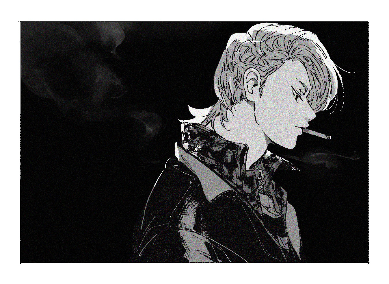hypnosis mic, hypnosis mic: rule the stage, commentary, 1boy, arima seigen, asymmetrical hair, black background, border, cigarette, crosshatching, curtained hair, expressionless, film grain, from side, greyscale, hatching (texture), jacket, jewelry, looking down, male focus, monochrome, mouth hold, mullet, necklace, open clothes, open jacket, portrait, profile, shirt, short hair, sideburns, smoke, smoke trail, smoking, solo, striped clothes, striped shirt, user ajrm3578, white border
