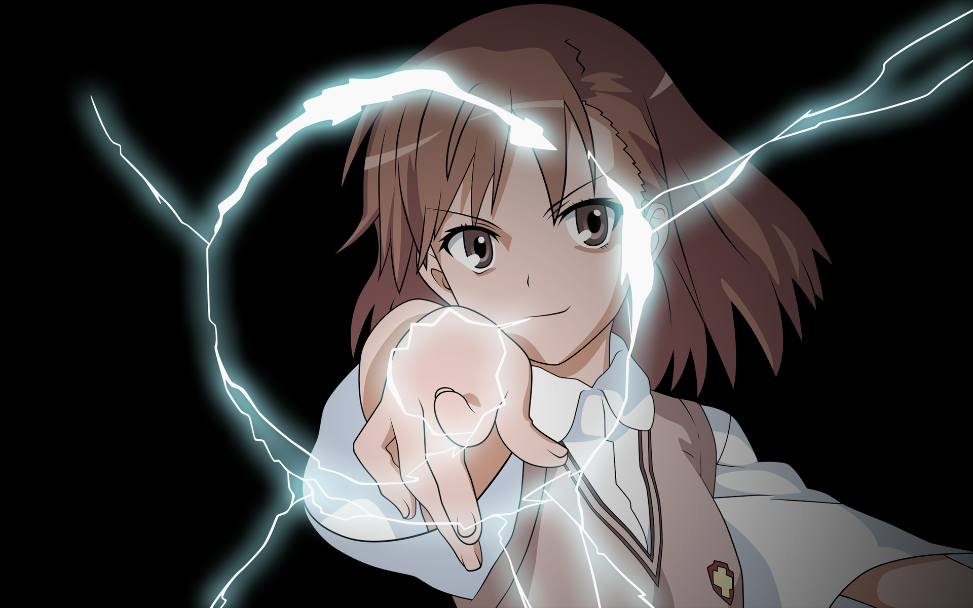 misaka mikoto, toaru kagaku no railgun, toaru majutsu no index, artist request, highres, 00s, 1girl, black background, breasts, brown eyes, brown hair, brown vest, collared shirt, electricity, electrokinesis, emblem, female focus, fingernails, medium hair, pointing, pointing at viewer, school uniform, shirt, simple background, small breasts, smile, solo, tokiwadai school uniform, vest, white shirt