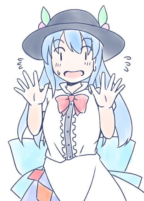 rangycrow, hinanawi tenshi, touhou, commentary request, 1girl, apron, back bow, black hat, blue bow, blue hair, blue skirt, blush, bow, bowtie, cowboy shot, flying sweatdrops, hands up, hat, long hair, open mouth, outstretched hand, peach hat ornament, red bow, red bowtie, shirt, short sleeves, sketch, skirt, solo, sweatdrop, white apron, white shirt, | |