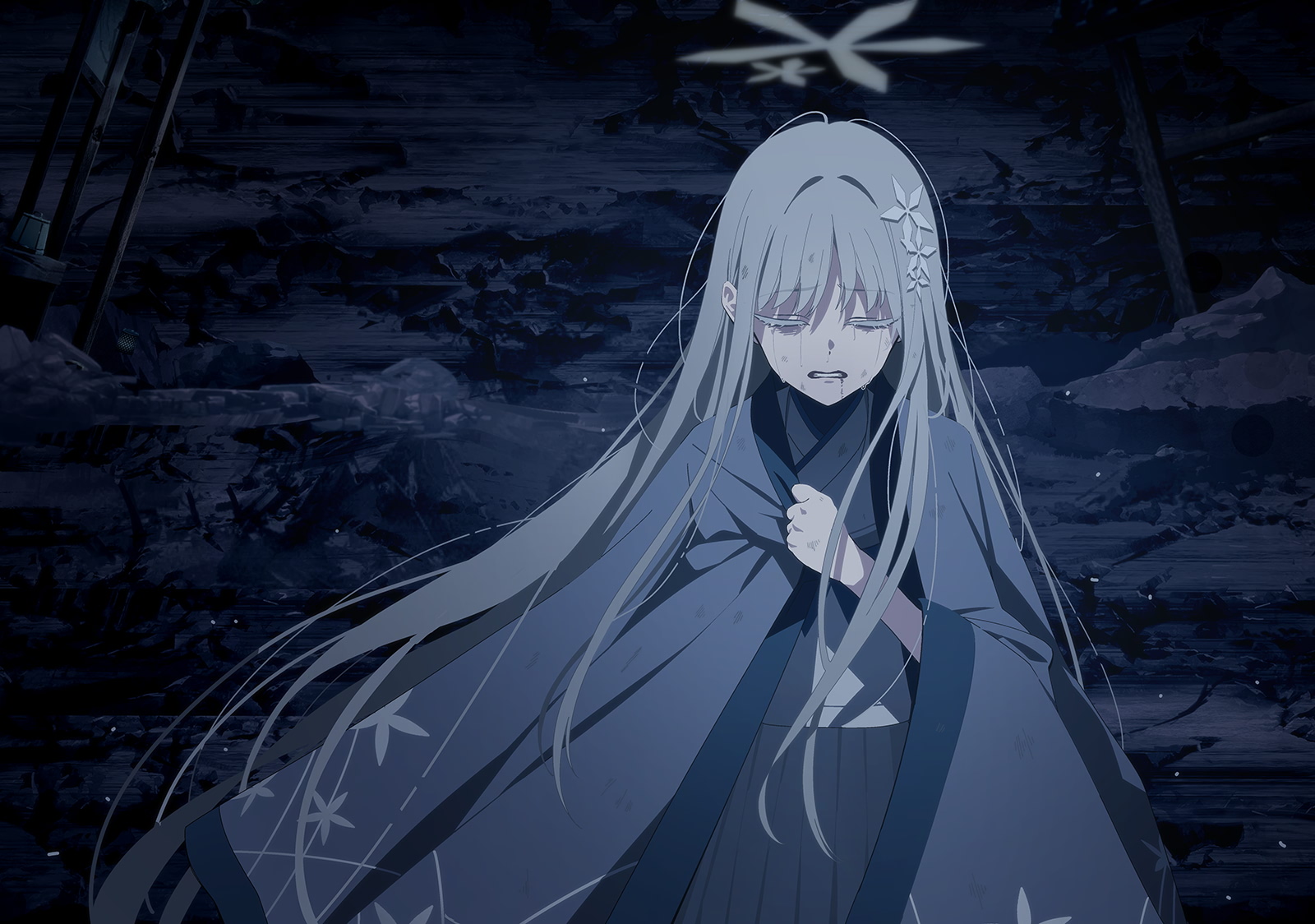 nakamura rohane, nagusa (blue archive), blue archive, game cg, highres, non-web source, official art, spoilers, 1girl, closed eyes, clothes grab, crying, floral print, flower, furrowed brow, hair flower, hair ornament, halo, haori, japanese clothes, long hair, looking at viewer, outdoors, parted lips, pleated skirt, school uniform, serafuku, sidelocks, skirt, snot, solo, tears, upper body, very long hair, white skirt