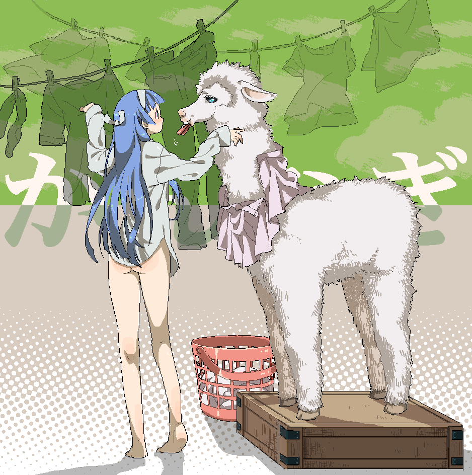 heysho, nagi, kannagi, bad id, bad pixiv id, 00s, 1girl, alpaca, ass, blue hair, bottomless, clothesline, dress shirt, female focus, green theme, hairband, halftone, kneepits, laundry, legs, long hair, no panties, shirt, solo, what