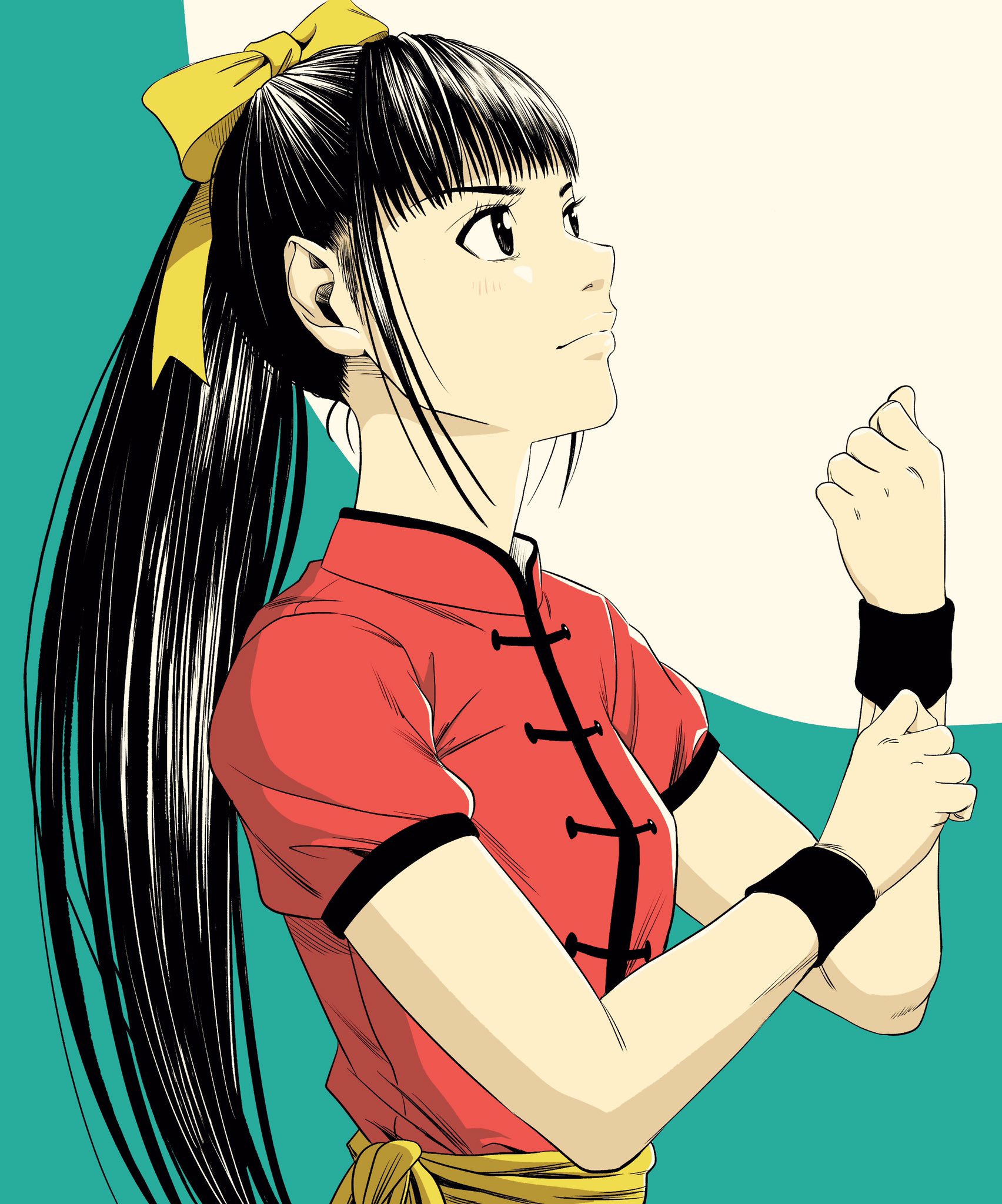 lee (dragon garou), original, commentary request, highres, 1girl, adjusting clothes, black eyes, black hair, bow, breasts, from side, hair bow, high ponytail, long hair, looking up, ponytail, sash, sidelocks, small breasts, solo, upper body, very long hair, wristband, yellow bow