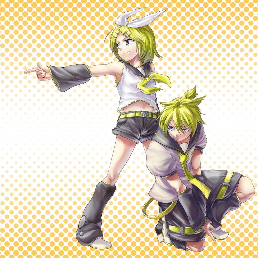 tamago (pixiv17968), torinoko tamago, kagamine len, kagamine rin, vocaloid, 1boy, 1girl, blonde hair, blue eyes, brother and sister, hair ornament, hair ribbon, hairclip, midriff, necktie, ribbon, short hair, shorts, siblings, smile, twins, yellow necktie