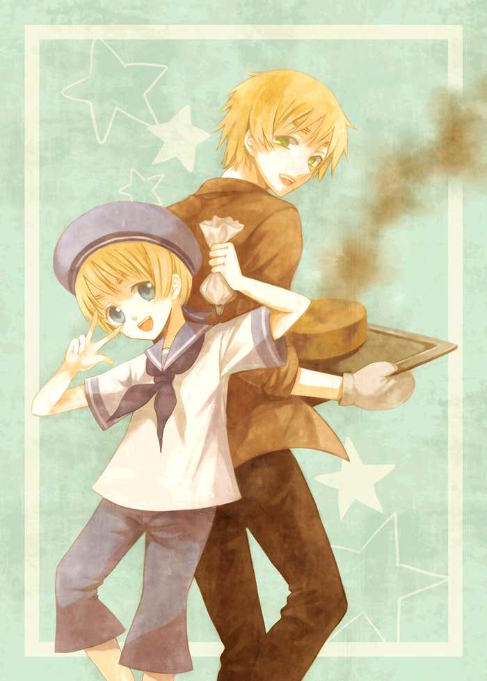 rinka, sealand (hetalia), united kingdom (hetalia), axis powers hetalia, 00s, 2boys, blonde hair, blue eyes, green eyes, hat, male focus, multiple boys, short hair, thick eyebrows