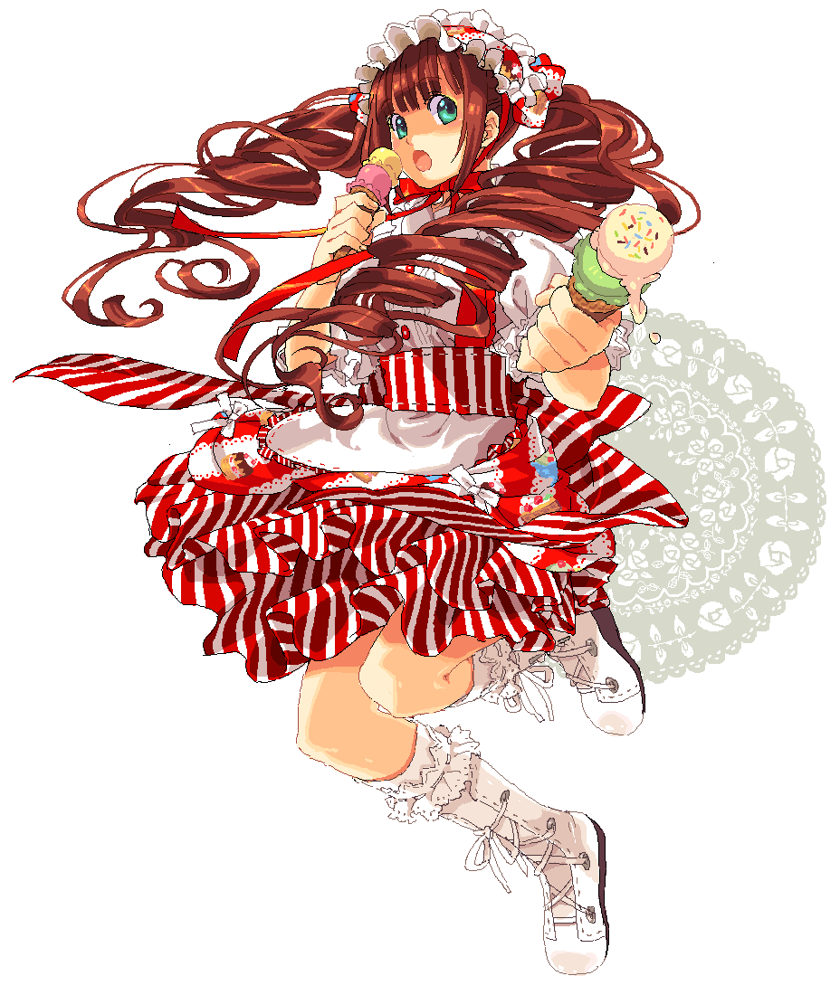 heysho, bad id, bad pixiv id, 1girl, apron, boots, brown hair, drill hair, female focus, food, full body, green eyes, hairband, ice cream, long hair, solo, waitress, white background