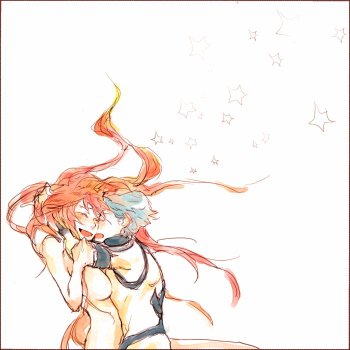 moyashi (narukami), narukami, kamina (ttgl), yoko littner, tengen toppa gurren lagann, traditional media, 00s, 1boy, 1girl, blue hair, closed eyes, couple, groping, hetero, holding, long hair, messy hair, no nipples, nude, open mouth, red hair, smile, star (symbol), tattoo, topless male