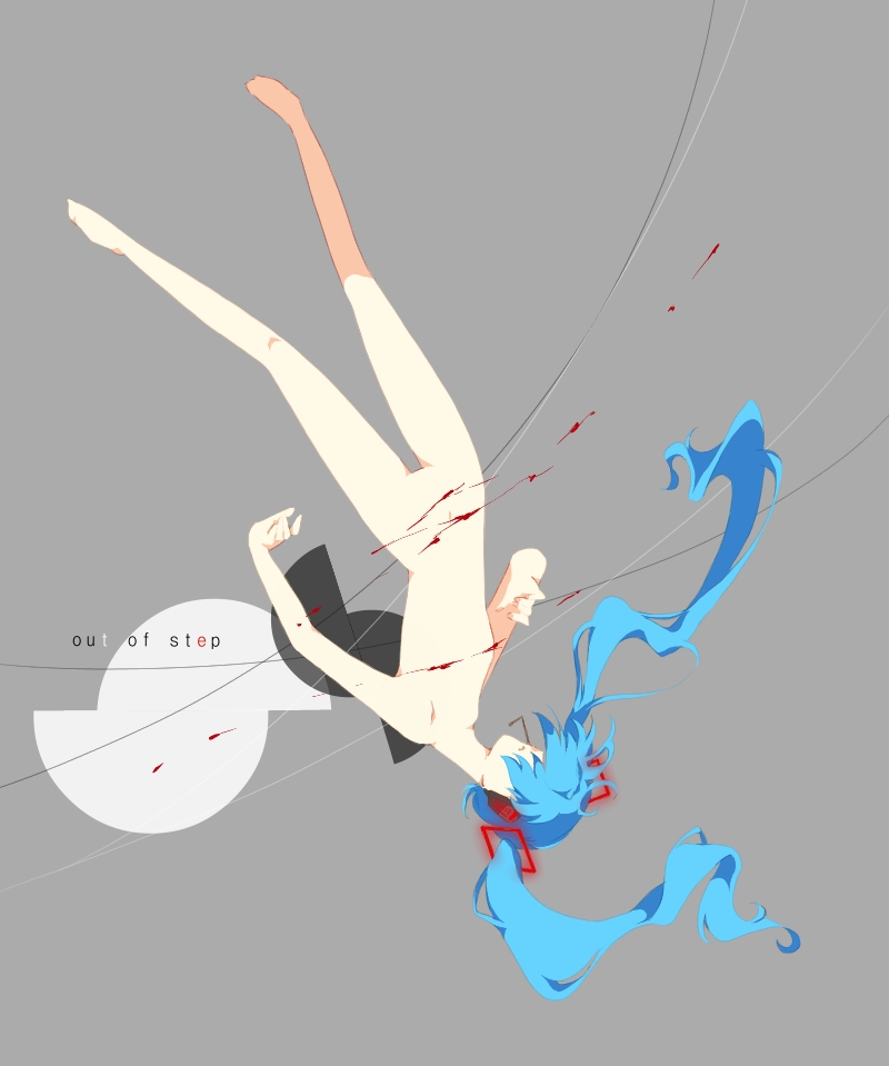 dobuko, hatsune miku, ura-omote lovers (vocaloid), vocaloid, bad id, bad pixiv id, 1girl, aqua hair, blood, blue hair, cuts, english text, female focus, full body, hair over eyes, headphones, headset, injury, long hair, no nipples, no pussy, nude, simple background, solo, twintails, upside-down