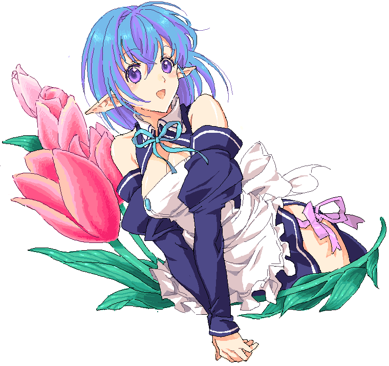 heysho, dream c club, dream c club (series), original, bad id, bad pixiv id, 1girl, apron, blue hair, breasts, cosplay, detached sleeves, dream c club (cosplay), female focus, flower, pointy ears, short hair, solo, waitress, white background