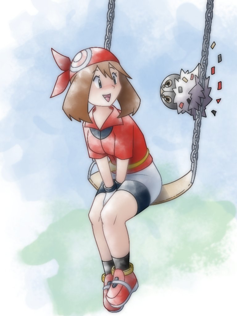 greatmothsucks, may (pokemon), spewpa, nintendo, pokemon, pokemon rse, commentary, 1girl, :d, bandana, bike shorts, black socks, blue background, brown hair, fanny pack, full body, gen 6 pokemon, gloves, grey eyes, looking at another, on swing, open mouth, parody, pokemon (creature), red bandana, red shirt, red shoes, shirt, shoes, shorts, simple background, sitting, smile, socks, style parody, sugimori ken (style), swing, white gloves, white shorts