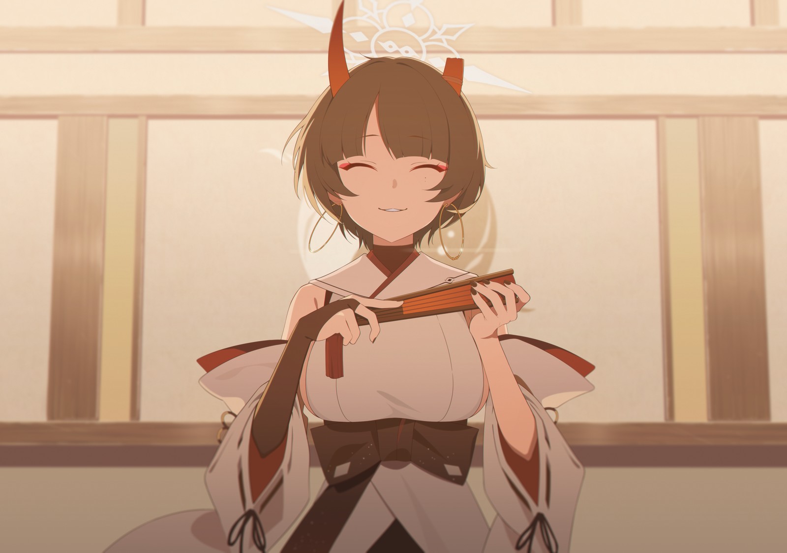 niya (blue archive), blue archive, artist request, game cg, highres, non-web source, official art, 1girl, black hair, black nails, black sash, breasts, bridal gauntlets, broken horn, closed eyes, closed mouth, demon girl, demon horns, detached sleeves, earrings, halo, hand fan, holding, holding fan, hoop earrings, horns, japanese clothes, jewelry, kimono, large breasts, oni, sash, short hair, sideboob, single bridal gauntlet, smile, solo, white halo, white kimono