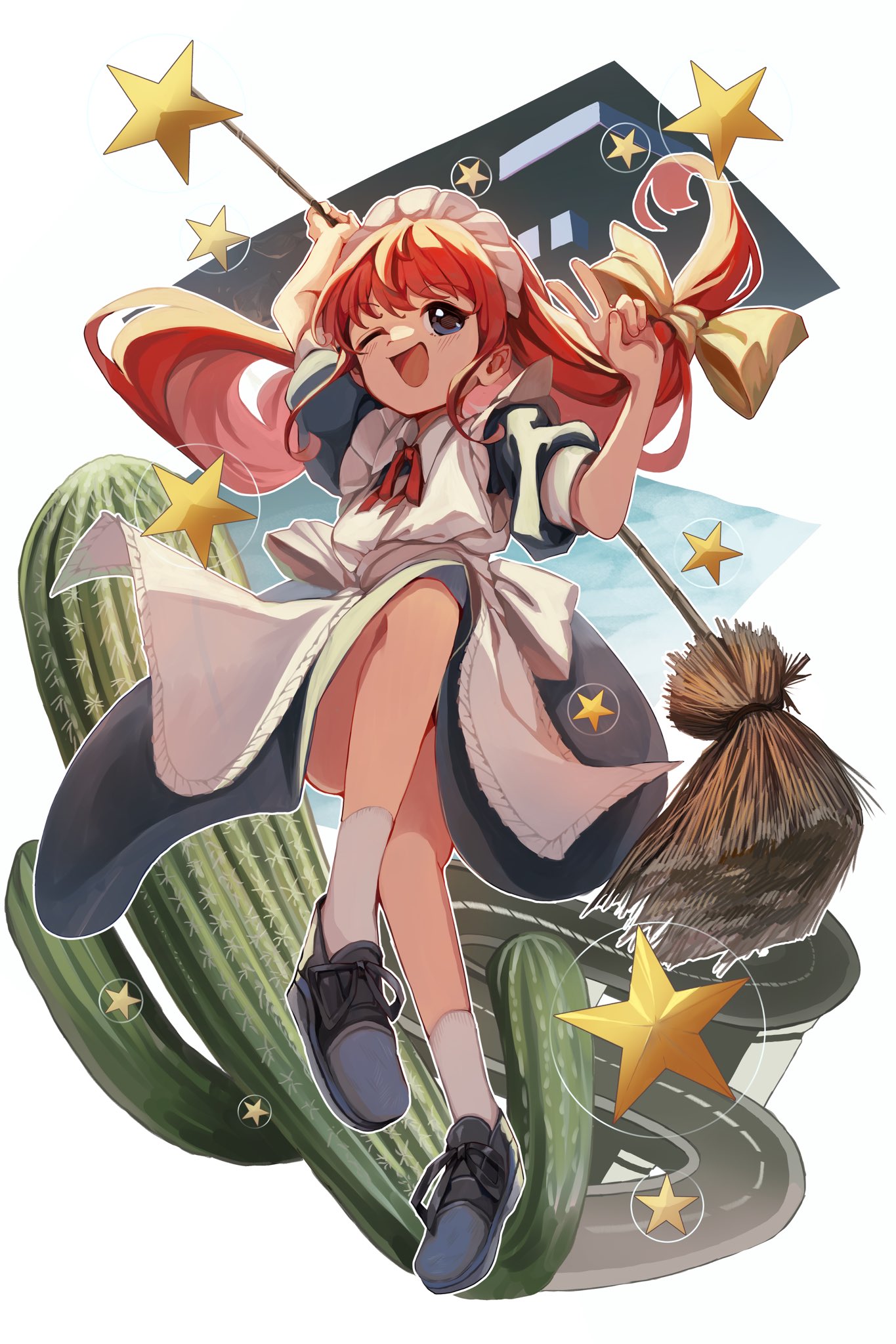 matsukuzu, vivit, seihou, commentary request, highres, 1girl, :d, apron, blue dress, blue eyes, blue shoes, bow, broom, cactus, dress, full body, holding, holding broom, long hair, maid, maid apron, maid headdress, neck ribbon, one eye closed, open mouth, puffy short sleeves, puffy sleeves, red hair, red ribbon, ribbon, shoes, short sleeves, smile, socks, solo, very long hair, white apron, white socks, yellow bow