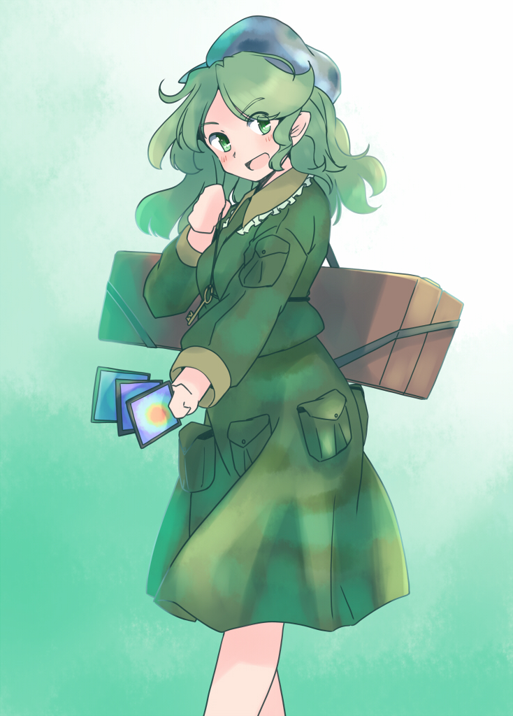 rangycrow, yamashiro takane, touhou, commentary request, 1girl, :d, ability card (touhou), arm pouch, box, breasts, card, feet out of frame, frilled shirt collar, frills, gradient background, green background, green eyes, green hair, green hat, green shirt, green skirt, hat, holding, holding card, key, light blush, long hair, long sleeves, looking to the side, medium breasts, open mouth, pointy ears, shirt, skirt, skirt pocket, smile, solo