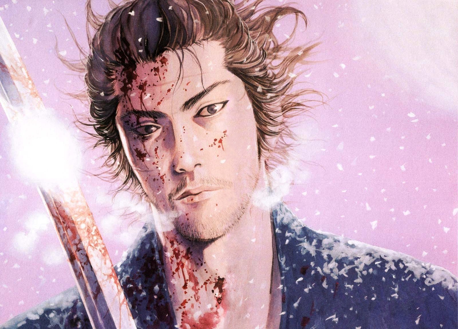 inoue takehiko, miyamoto musashi (vagabond), vagabond, highres, scan, 1boy, blood, comic, male focus, samurai, snow, solo, sword, weapon, winter