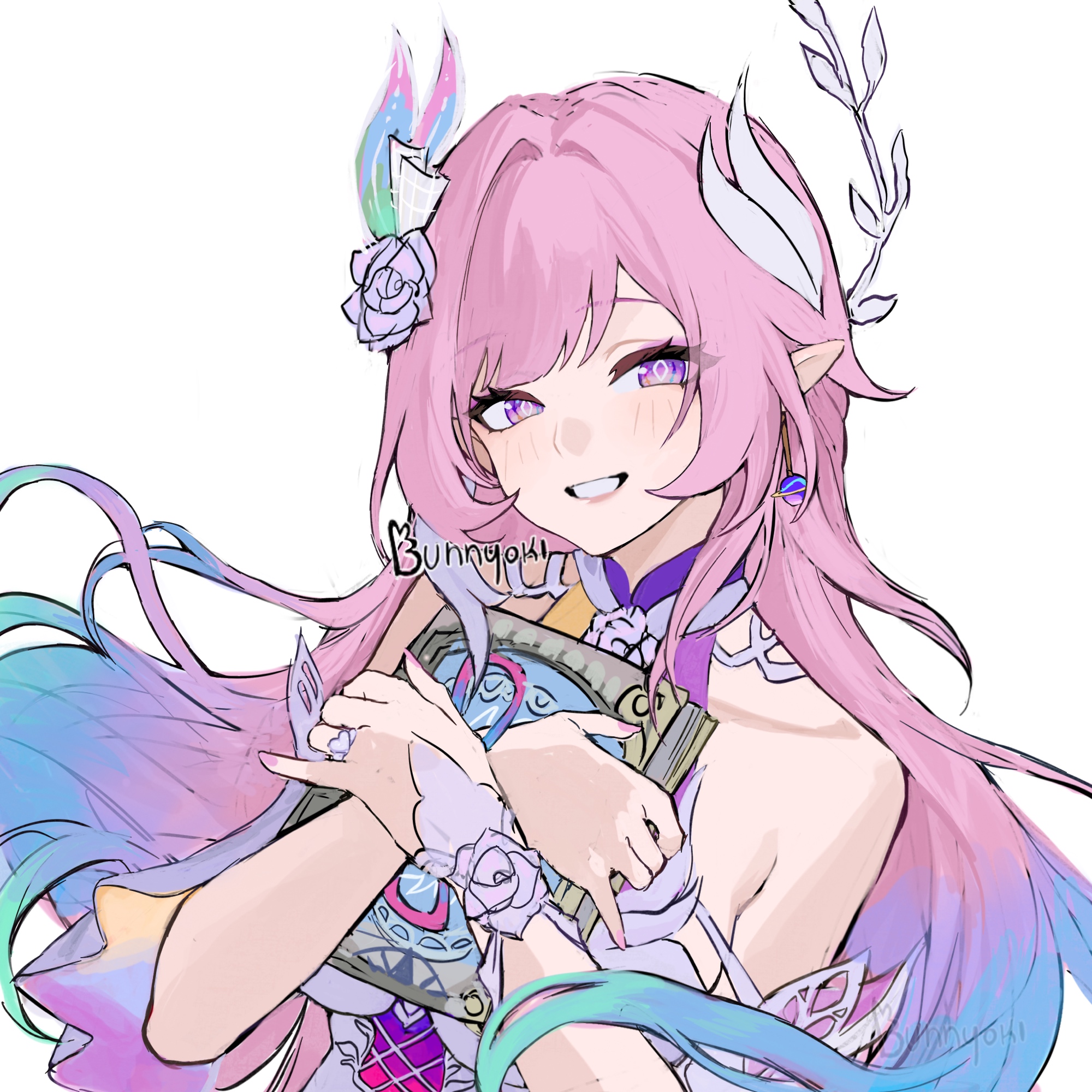 bunnyoki, cyrene (demiurge) (honkai: star rail), cyrene (honkai: star rail), honkai: star rail, honkai (series), heart ring, hashtag-only commentary, highres, revision, 1girl, book, collarbone, diamond-shaped pupils, diamond (shape), dress, flower, hair flower, hair ornament, holding, holding book, jewelry, multicolored hair, pink hair, pink pupils, pointy ears, purple eyes, purple flower, purple rose, ring, rose, simple background, smile, solo, symbol-shaped pupils, twitter username, upper body, white background, white dress