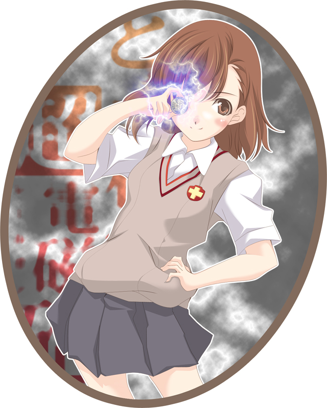akaho sakura, misaka mikoto, toaru kagaku no railgun, toaru majutsu no index, bad id, bad pixiv id, 00s, 1girl, blush, brown eyes, brown hair, coin, electricity, electrokinesis, female focus, school uniform, solo