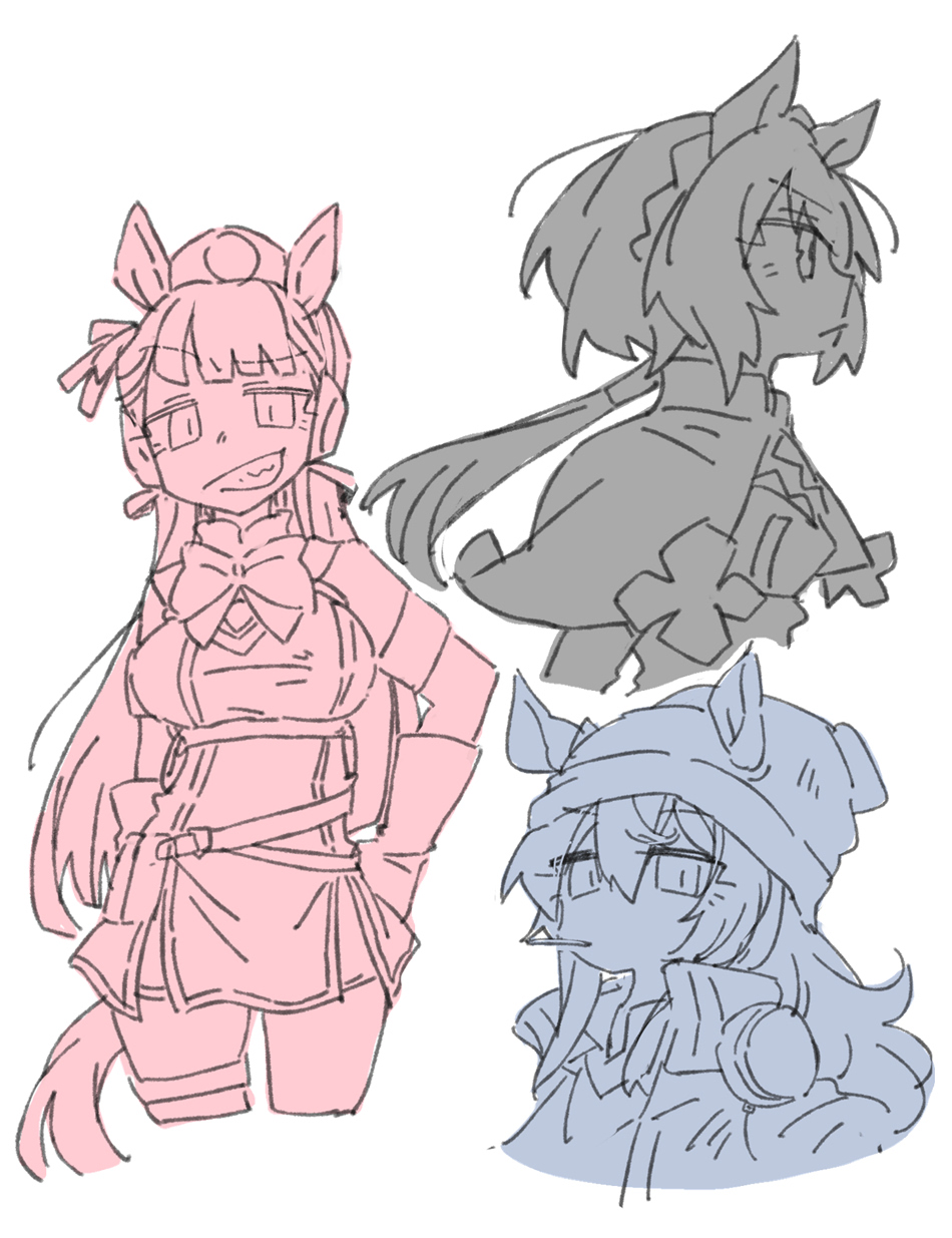 beer hsk, gold ship (red strife) (umamusume), gold ship (umamusume), kin'iro ryotei (umamusume), nakayama festa (umamusume), umamusume, commentary request, highres, 3girls, animal ears, beanie, bow, breasts, capelet, cropped legs, dress, ear covers, ears through headwear, grin, hat, horse ears, horse girl, horse tail, jacket, long hair, medium breasts, mini hat, multiple girls, multiple monochrome, open clothes, open jacket, shirt, simple background, sleeveless, sleeveless dress, smile, tail, very long hair, white background