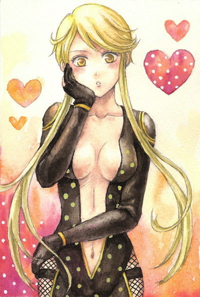 myui, kasuga (sengoku basara), sengoku basara, bad id, bad pixiv id, 00s, 1girl, blonde hair, blush, bodysuit, breasts, center opening, cleavage, female focus, heart, large breasts, long hair, ninja, solo