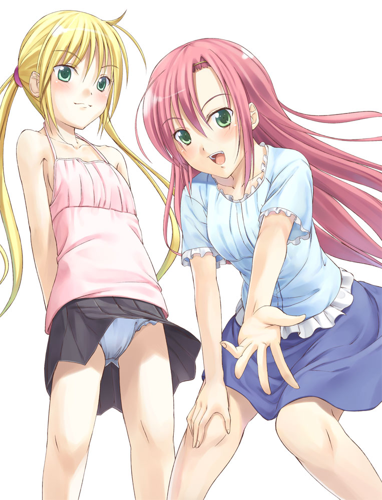 tenkuu nozora, katsura hinagiku, sanzen'in nagi, hayate no gotoku!, bad id, bad pixiv id, 00s, 2girls, blonde hair, blue panties, blush, breasts, flat chest, green eyes, long hair, multiple girls, outstretched arm, outstretched hand, panties, pantyshot, pink hair, reaching, sideboob, skirt, twintails, underwear