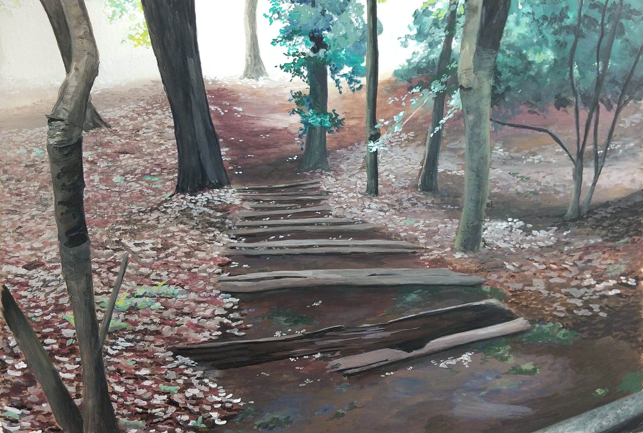 harusa1107, plank, original, commentary, highres, painting (medium), symbol-only commentary, traditional media, autumn leaves, forest, grass, hill, leaf, nature, no humans, outdoors, plant, scenery, tree