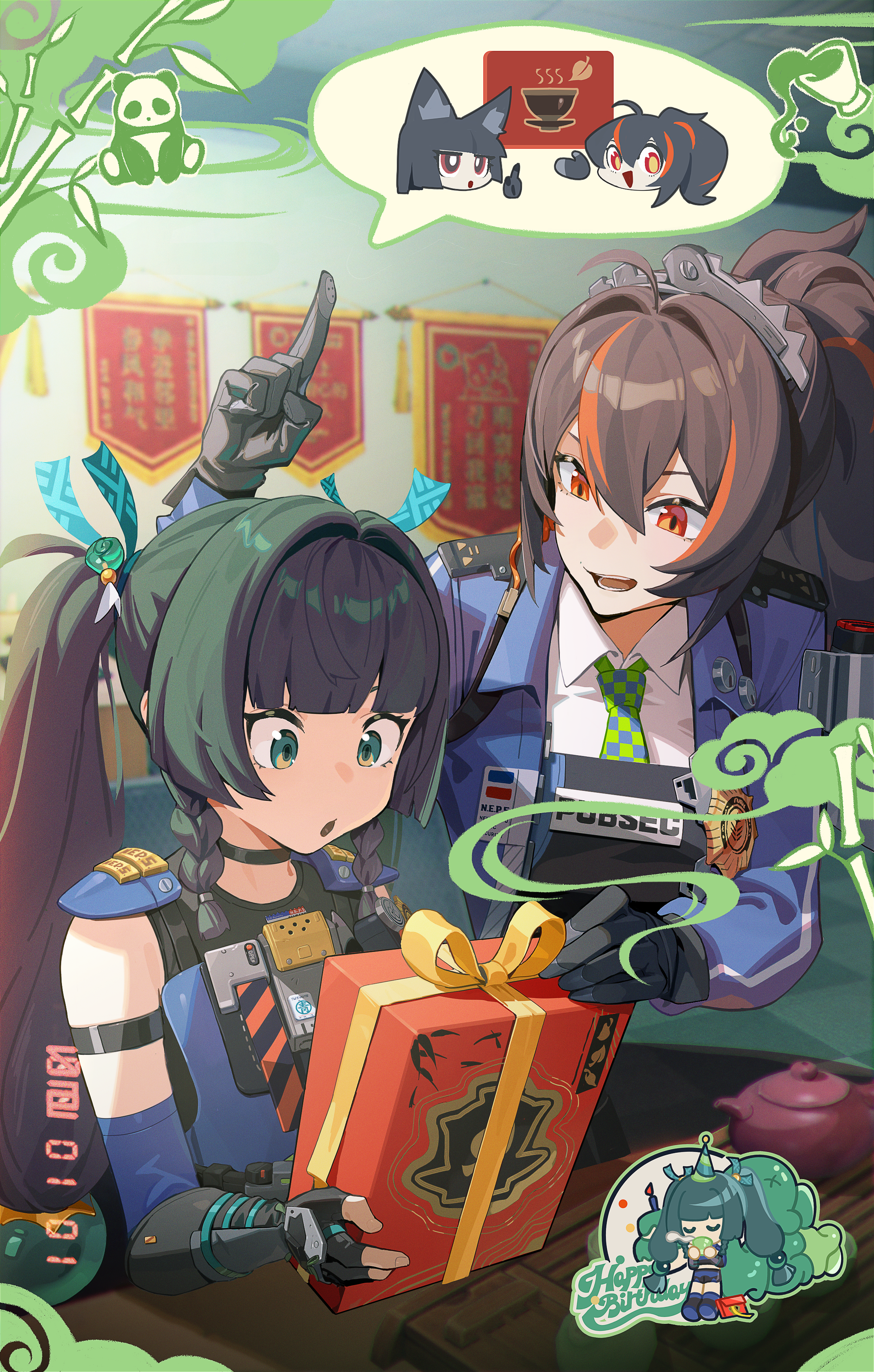 hoshimi miyabi, qingyi (zenless zone zero), zhu yuan, zenless zone zero, absurdres, chinese commentary, commentary, highres, official art, 2girls, android, black gloves, black hair, box, chibi, chibi inset, fingerless gloves, gift, gift box, gloves, green hair, hair ornament, happy birthday, multicolored hair, multiple girls, orange streaks, panda, police, police uniform, policewoman, speech bubble, sphere hair ornament, streaked hair, tea set, twintails