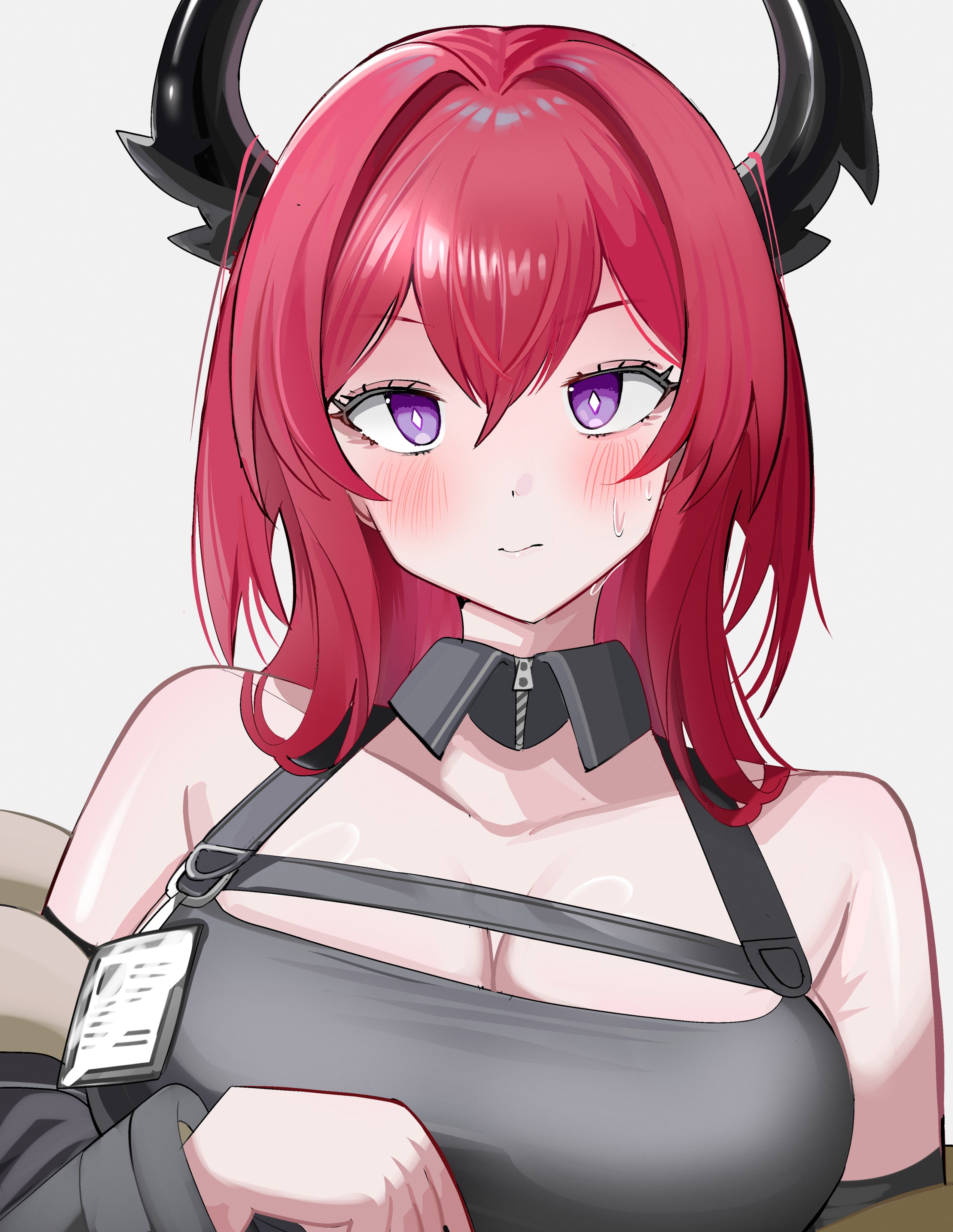 spam (spamham4506), surtr (arknights), arknights, absurdres, commentary, english commentary, highres, 1girl, bare shoulders, black horns, blush, breasts, bright pupils, cleavage, closed mouth, diamond-shaped pupils, diamond (shape), grey background, hair between eyes, hair intakes, hand up, horns, large breasts, long hair, long sleeves, looking at viewer, off shoulder, purple eyes, red hair, simple background, solo, sweat, symbol-shaped pupils, white pupils, zipper pull tab