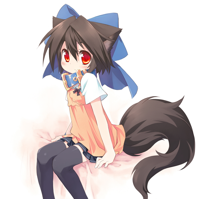 mizuki kotora, kannagi cocoa, original, bad id, bad pixiv id, 1girl, animal ears, black hair, borrowed character, collar, dog ears, dog tail, fang, female focus, flat chest, miniskirt, pleated skirt, red eyes, ribbon, simple background, skirt, solo, tail, thighhighs, white background, zettai ryouiki