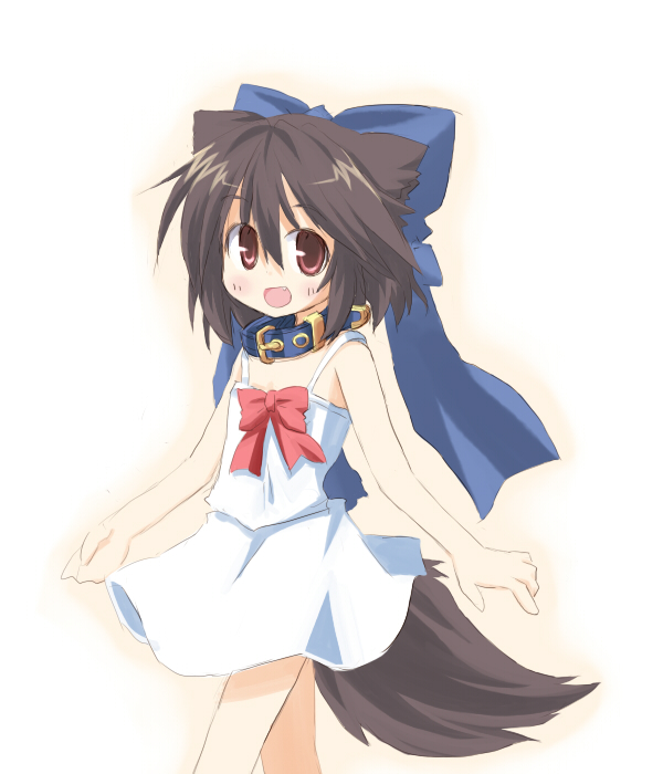 aruha, yuuhi alpha, kannagi cocoa, original, 1girl, animal ears, borrowed character, collar, dog ears, dog tail, dress, fang, female focus, flat chest, looking at viewer, ribbon, short dress, simple background, smile, solo, tail, white background