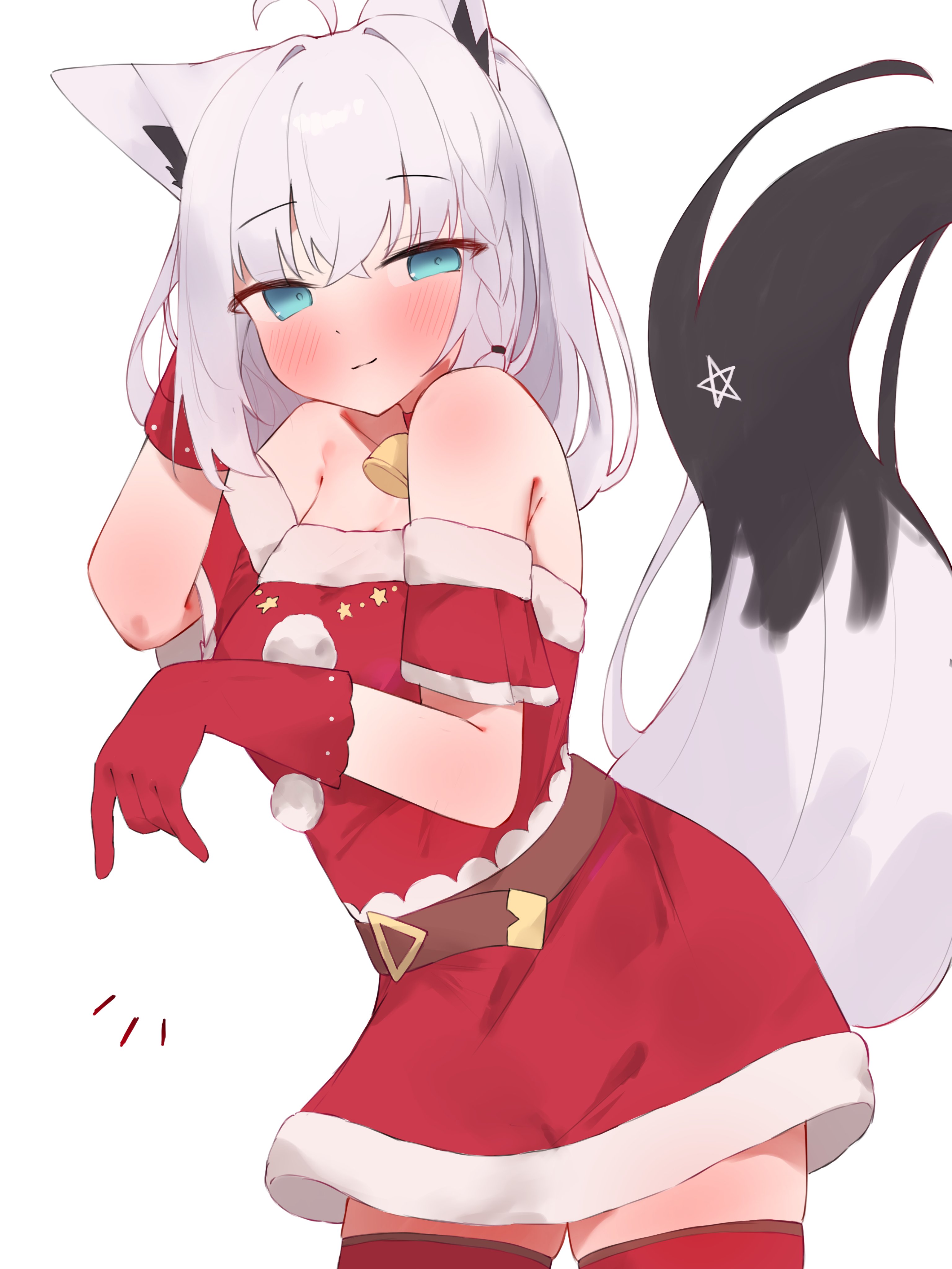 tepenchi, shirakami fubuki, hololive, absurdres, commentary request, highres, 1girl, ahoge, alternate costume, animal ears, blue eyes, choker, closed mouth, dress, fox ears, fox girl, fox tail, fur-trimmed dress, fur trim, gloves, long hair, red choker, red dress, red gloves, red thighhighs, santa costume, santa dress, solo, tail, thighhighs, virtual youtuber, white background, white hair
