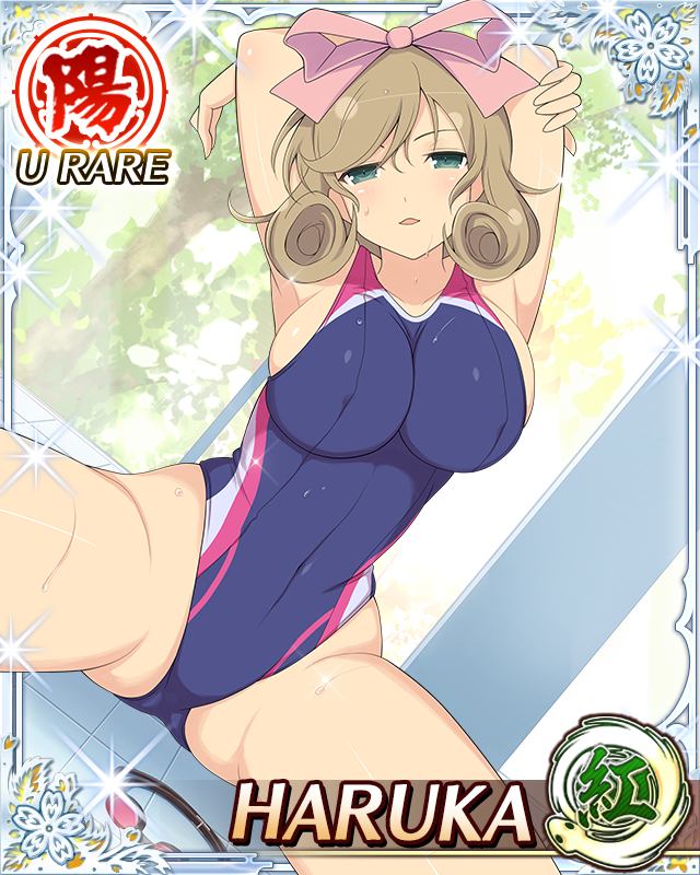 haruka (senran kagura), senran kagura, senran kagura new wave, game cg, official art, third-party source, 1girl, arms behind head, blue one-piece swimsuit, border, bow, breasts, brown hair, card (medium), character name, competition swimsuit, covered erect nipples, covered navel, curled ends, day, goggles, green eyes, hair bow, hand on own arm, head tilt, highleg, highleg one-piece swimsuit, indoors, large breasts, looking at viewer, medium hair, navel, one-piece swimsuit, parted lips, pink bow, poolside, sitting, solo, spread legs, stretching, swept bangs, swimsuit, unworn goggles, wet