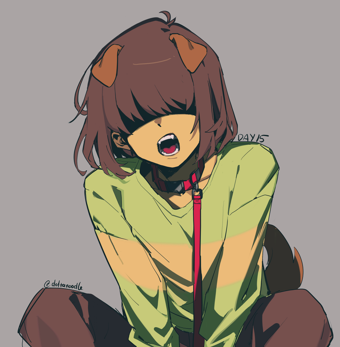 kris (deltarune), deltarune, utdr (toby fox), commentary, english commentary, 1other, animal ears, brown hair, brown pants, brown tail, collar, collarbone, covered eyes, deltanoodle, dog ears, dog tail, facing viewer, fake animal ears, fake tail, fangs, feet out of frame, green shirt, grey background, hair behind ear, hair over eyes, leash, long sleeves, open mouth, other focus, pants, puffy long sleeves, puffy sleeves, red collar, shirt, short hair, simple background, solo, squatting, striped clothes, striped shirt, tail, teeth, tongue, twitter username, two-tone shirt, v arms, yellow shirt