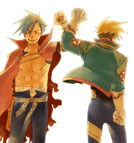 kamina (ttgl), kittan bachika, tengen toppa gurren lagann, lowres, 00s, 2boys, belt, blonde hair, blue hair, cape, clenched hand, clenched hands, closed eyes, facing away, fist bump, gloves, male focus, multiple boys, sarashi, simple background, topless male, white background