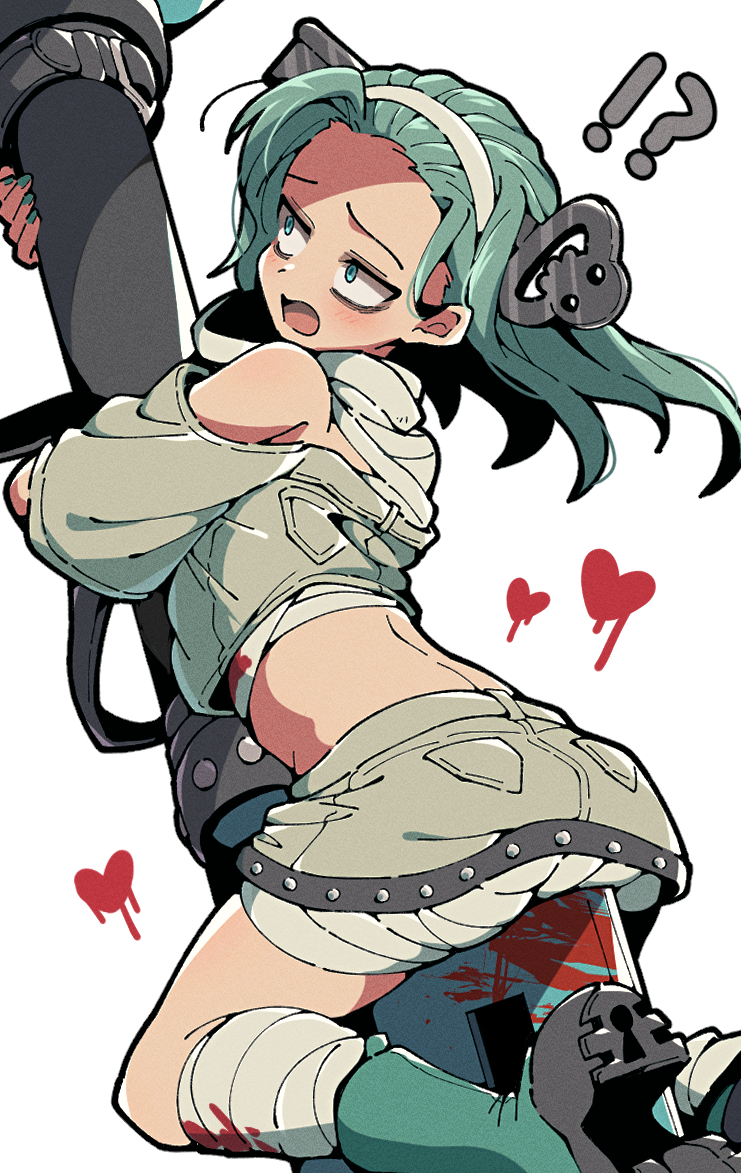 itsuka neru, a.b.a, guilty gear, guilty gear strive, commentary request, !?, 1girl, ass, bandaged leg, bandaged neck, bandaged torso, bandages, bare shoulders, blood, bloody bandages, boots, brown shirt, brown skirt, forehead, green boots, green eyes, green hair, green nails, hairband, heart, hugging object, key, long hair, looking to the side, nail polish, object through head, off-shoulder shirt, off shoulder, open mouth, oversized object, shirt, shoe soles, short sleeves, simple background, skirt, solo, white background, white hairband