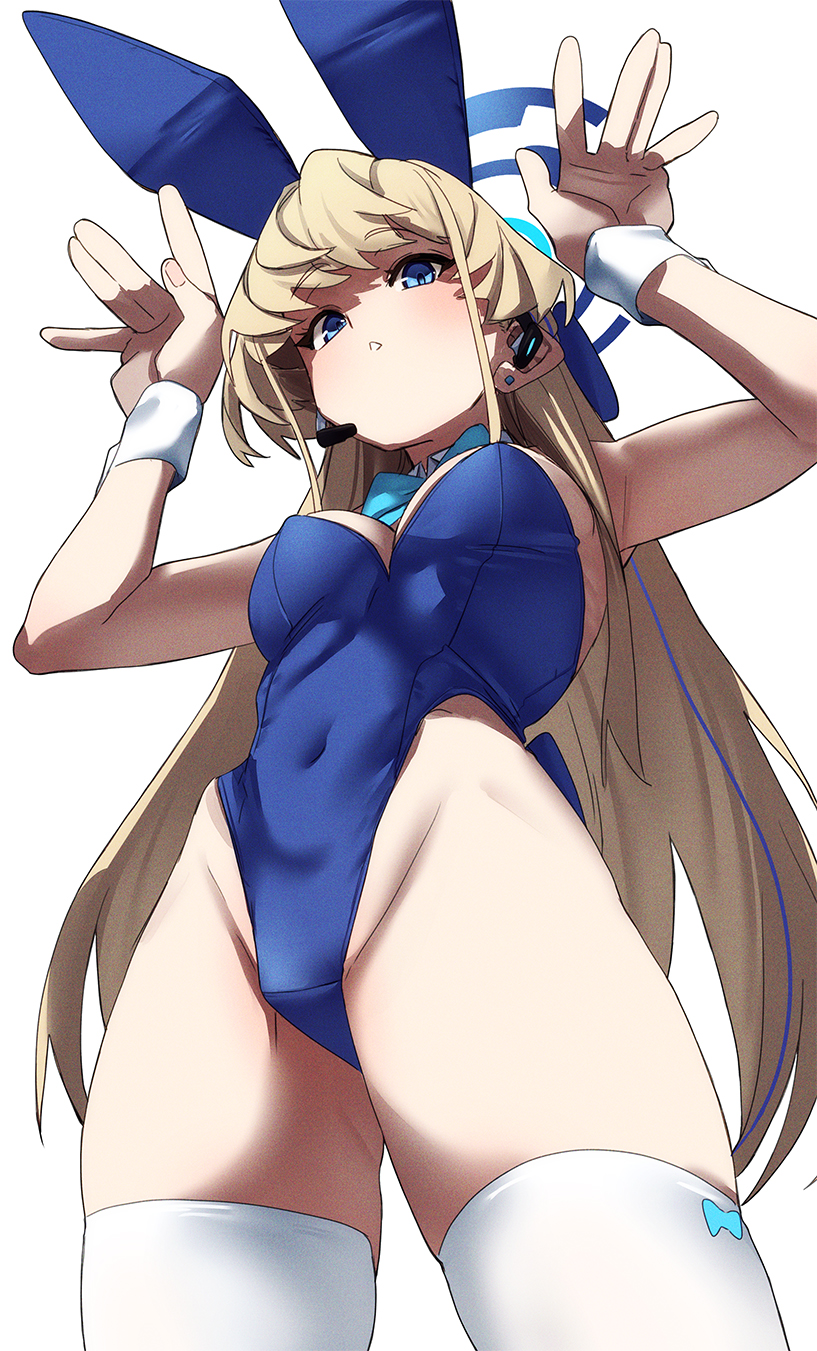 fu-ta, toki (blue archive), toki (bunny) (blue archive), blue archive, commentary request, highres, 1girl, animal ears, bare shoulders, blonde hair, blue eyes, blue leotard, blush, breasts, cleavage, detached collar, earpiece, fake animal ears, halo, highleg, highleg leotard, leotard, long hair, looking at viewer, medium breasts, playboy bunny, rabbit ears, solo, wrist cuffs
