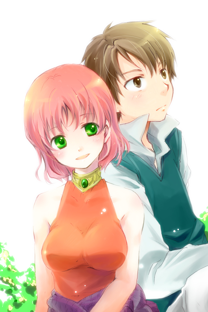 unini, yukako (yunny), bartz klauser, lenna charlotte tycoon, final fantasy, final fantasy v, 1990s (style), 1boy, 1girl, blush, couple, green eyes, hetero, orange shirt, pink hair, shirt, short hair, smile