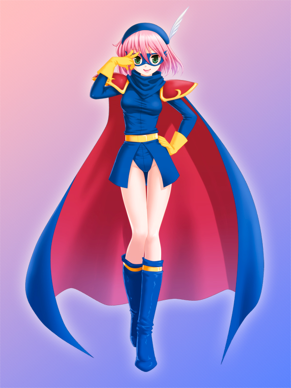 fusianatan, blue mage (final fantasy), lenna charlotte tycoon, final fantasy, final fantasy v, bad id, bad pixiv id, 1990s (style), 1girl, belt, boots, breasts, cape, domino mask, eye mask, feathers, female focus, full body, gloves, gradient background, green eyes, hand on own hip, hat, hip focus, lips, lipstick, makeup, mask, pink hair, retro artstyle, short hair, shoulder pads, smile, solo, v