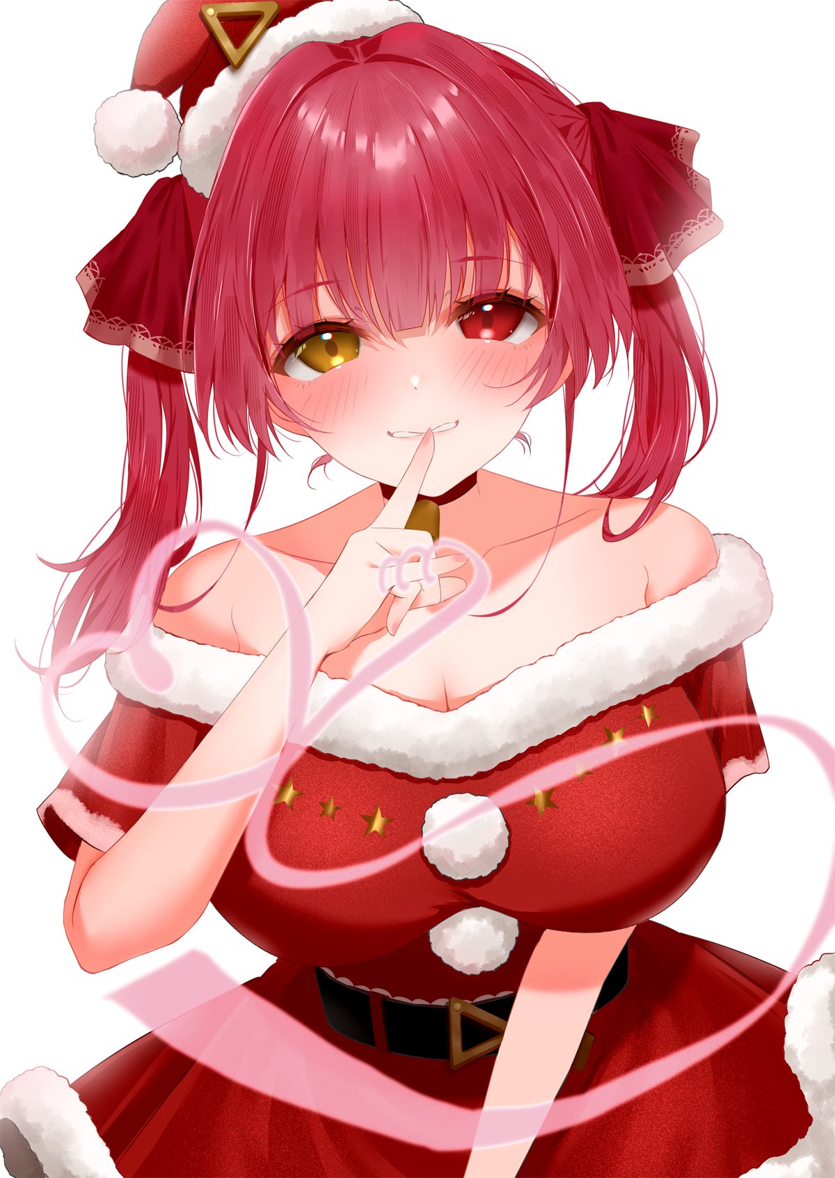 okibari yasu, houshou marine, hololive, commentary request, highres, 1girl, alternate costume, breasts, cleavage, closed mouth, dress, finger to mouth, fur-trimmed dress, fur-trimmed headwear, fur trim, hair ribbon, hat, heterochromia, large breasts, long hair, red dress, red eyes, red hair, red hat, red ribbon, ribbon, santa costume, santa dress, santa hat, smile, solo, twintails, virtual youtuber, white background, yellow eyes