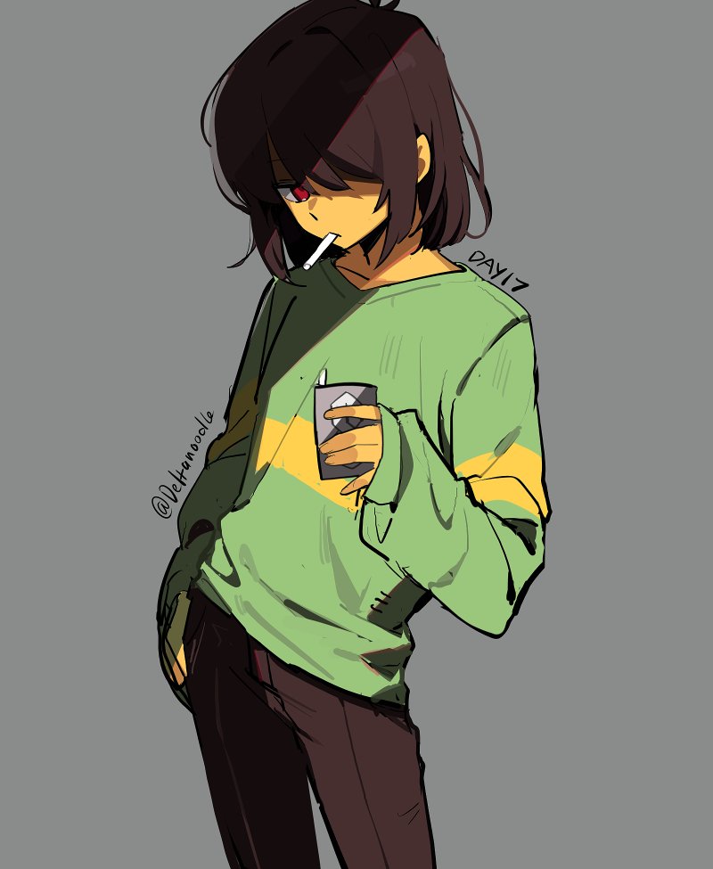 kris (deltarune), deltarune, utdr (toby fox), commentary, english commentary, 1other, ||/, antenna hair, bob cut, brown hair, brown pants, cigarette, closed mouth, collarbone, colored skin, contrapposto, cowboy shot, deltanoodle, fingernails, green shirt, grey background, hair over one eye, hand on own hip, hand up, holding, holding lighter, lighter, long sleeves, looking at viewer, mouth hold, one eye covered, other focus, pants, puffy long sleeves, puffy sleeves, red eyes, shaded face, shirt, short hair, sidelocks, simple background, sleeves past wrists, solo, standing, striped clothes, striped shirt, twitter username, two-tone shirt, yellow shirt, yellow skin