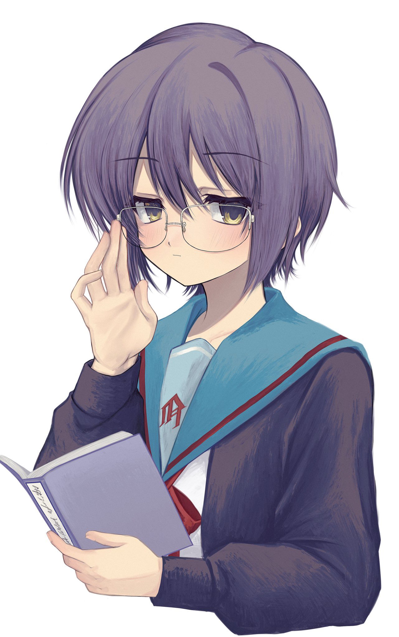 nemu (zutto oyasu3), nagato yuki, suzumiya haruhi no yuuutsu, commentary request, highres, 1girl, 2000s (style), adjusting eyewear, black cardigan, blue sailor collar, book, cardigan, closed mouth, expressionless, faux retro artstyle, glasses, hair between eyes, holding, holding book, kita high school uniform, long sleeves, looking at viewer, open book, open cardigan, open clothes, puffy long sleeves, puffy sleeves, purple hair, sailor collar, school uniform, short hair, simple background, solo, straight hair, upper body, white background, winter uniform, yellow eyes