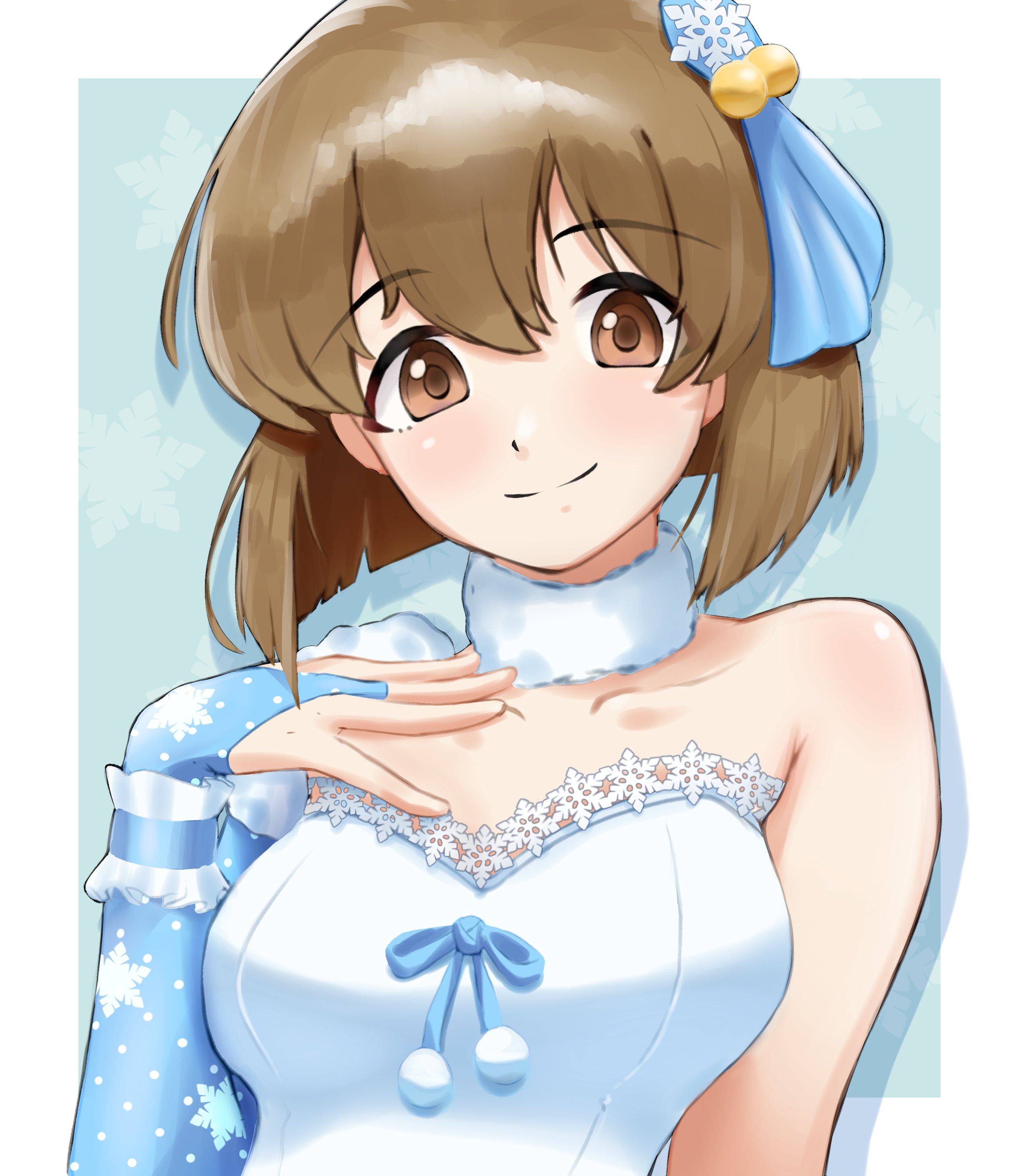 nii niip, hagiwara yukiho, idolmaster, idolmaster (classic), absurdres, commentary request, highres, 1girl, blunt ends, border, breasts, bridal gauntlets, brown eyes, brown hair, closed mouth, collarbone, dress, hair ornament, hand up, looking at viewer, official alternate costume, outside border, short hair, single bare shoulder, single bridal gauntlet, smile, snowflake hair ornament, snowflake liliput (idolmaster), solo, strapless, strapless dress, upper body, white border