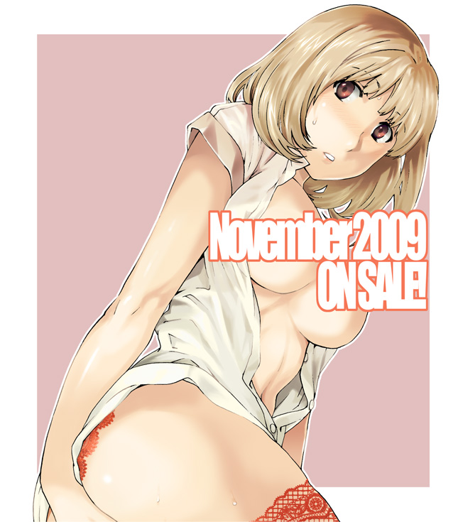 cuvie, original, 1girl, blonde hair, breasts, covering ass, covering privates, female focus, lace, large breasts, open clothes, open shirt, orange eyes, shirt, solo, thighhighs